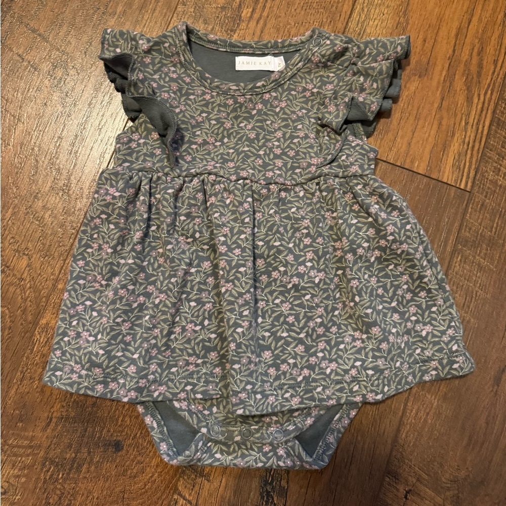 Jamie Kay Slate Green Floral Flutter-Sleeve Bodysuit with Pink Accents
